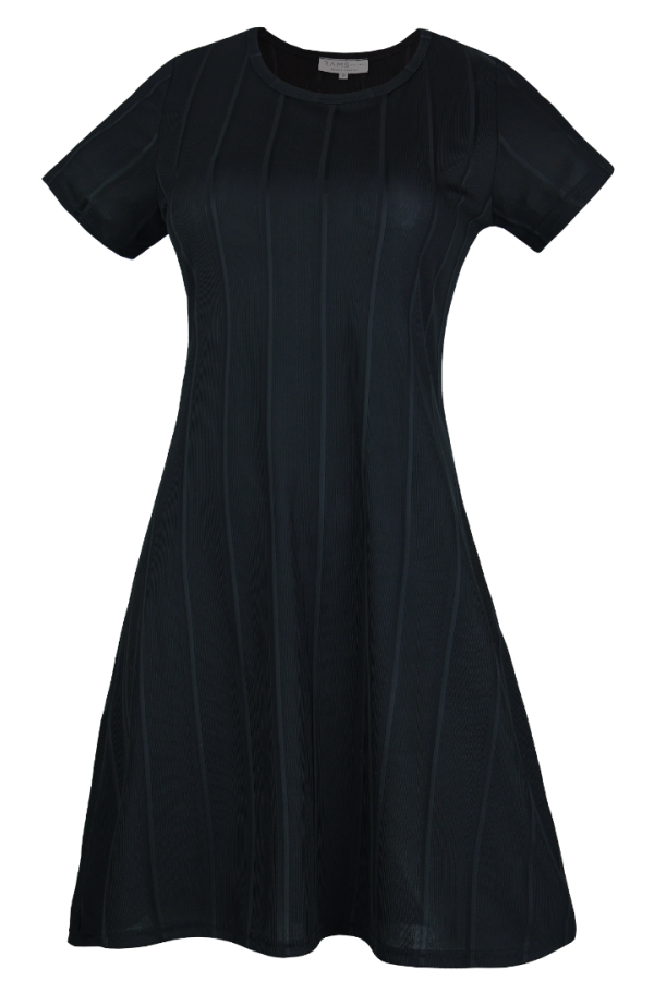 Vestido Textura Rayas Verticales Color Negro Manga Corta Para Mujer